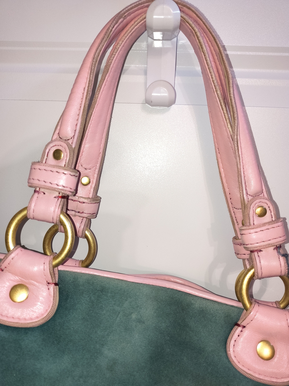 Juicy Couture Green Velvet Tote with Pink Leather Handles and Embroidered Crest - Picture 7 of 12